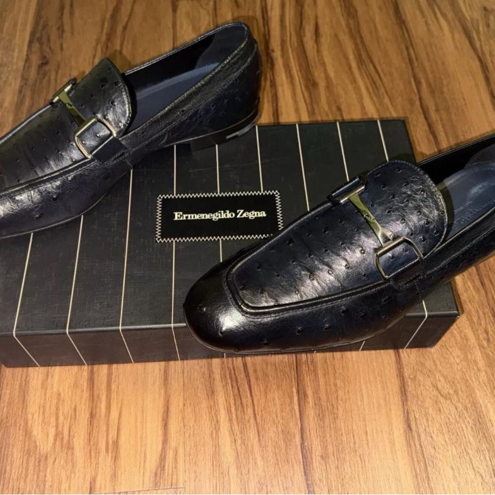 Ermenegildo Zegna Ostrich Navy Blue Men's Loafers